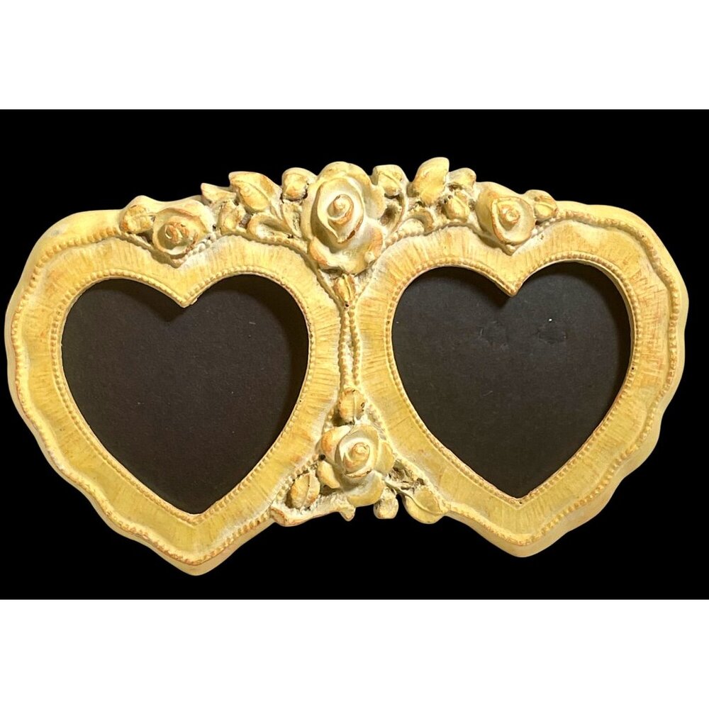 Heart-Shaped Dual Photo Frame By Yesteryear With Floral Design - Yellow & Gold R